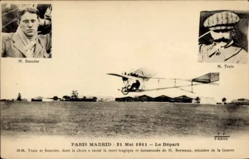 Ak Paris Madrid 1911, Le Departure, Train et Bonnier, Flugpioniere, Flugzeug