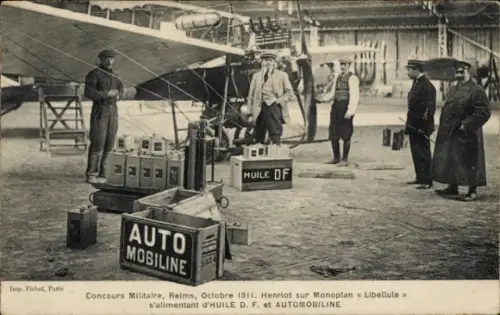 Ak Reims Marne, Concours Militaire, Henriot sur Monoplan Libellule, Reklame, Auto Mobiline