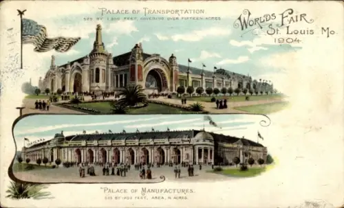 Litho St. Louis Missouri USA, Worlds Fair St. Louis 1904, Palace of Transportation / Manufactures