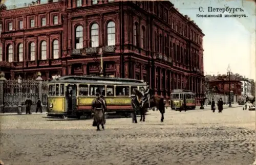 Ak Sankt Petersburg Russland, Kseniinski-Institut, Straßenbahnen