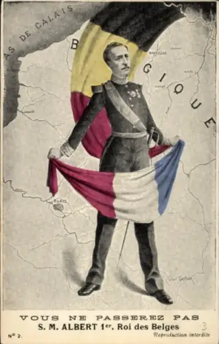 Ak Vous ne passerez pas, Albert I, König von Belgien, Landkarte, Fahnen