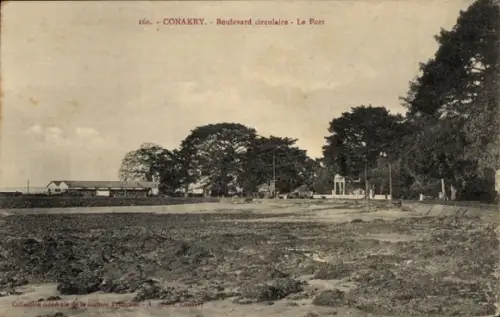Ak Conakry Guinea, Boulevard circulaire - Hafen, Küstenansicht, Bäume