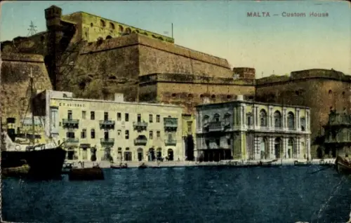 Ak Valletta Malta,  Custom House, Hafenansicht, Schiffe,  Gebäude