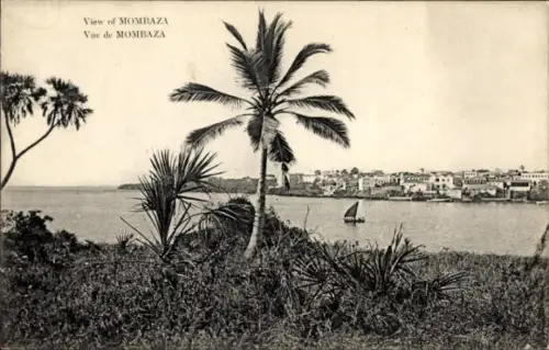 Ak Mombasa Kenia, Palmbaum, Boot auf dem Wasser, Stadtansicht, Mombasa