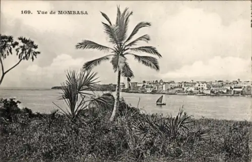 Ak Mombasa Kenia,  Küstenansicht, Palmen, Segelboot