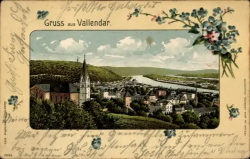 Litho Vallendar am Rhein, Gesamtansicht, Vergissmeinnicht