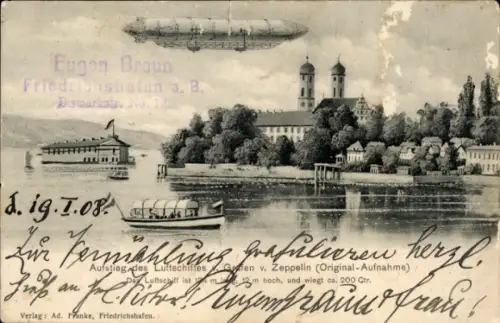 Ak Friedrichshafen am Bodensee, Aufstieg des Luftschiffes von Graf Zeppelin