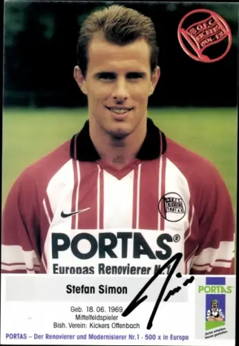 Autogrammkarte Fußballer Stefan Simon, Kickers Offenbach, Autogramm
