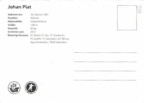 Autogrammkarte Fußballer Johan Plat, FC Hansa Rostock, Autogramm