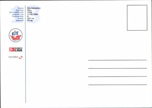 Autogrammkarte Fußballer Tim Sebastian, FC Hansa Rostock, Autogramm