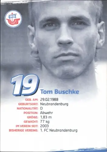 Autogrammkarte Fußballer Tom Buschke, FC Hansa Rostock, Autogramm