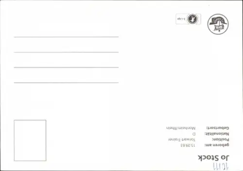 Autogrammkarte Torwarttrainer Jo Stock, FC Hansa Rostock, Autogramm