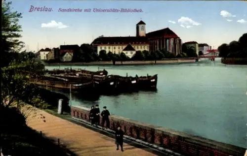 Ak Wrocław Breslau Schlesien,  Sandkirche, Universitätsbibliothek, Fluss, Schiffe