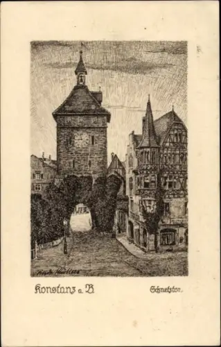 Ak Konstanz am Bodensee, Zeichnung eines Turms, Häuser, Straße, Konstanz a. B.