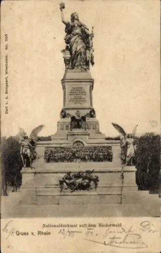 Ak Rüdesheim am Rhein, Niederwald Nationaldenkmal, Nationaldenkmal, Statue, Engel, Gruss v. Rhein
