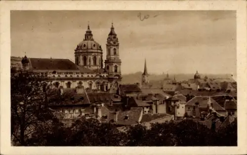 Ak Praha Prag Tschechien, Stadtansicht, Kirche St. Nikolaus,  Architektur, sepia Ton