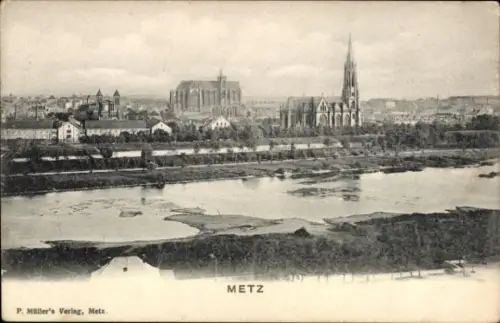 Ak Metz Moselle, Stadtansicht von  Flusslandschaft, Kirchen, Verlag P. Müller