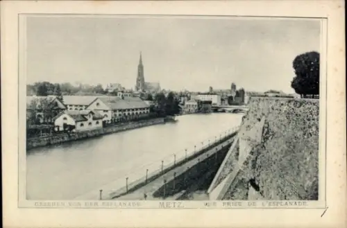 Ak Metz Moselle, Blick auf  Esplanade, Fluss, Kirche, Brücke