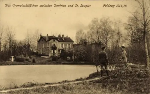 Ak Marne, Granatschlößchen zwischen Dontrien und St. Souplet, Soldaten