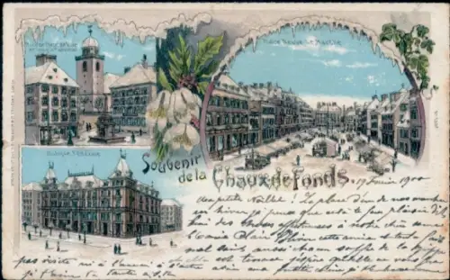 Winter Litho La Chaux de Fonds Kanton Neuenburg, Marktplatz, Bank, Kirche