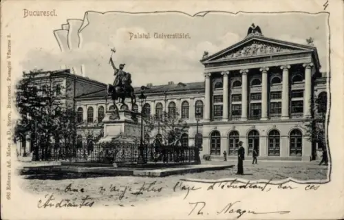 Ak București Bukarest Rumänien, Palatul Universității, Reiterstatue, Bucharest, Th. Neagu