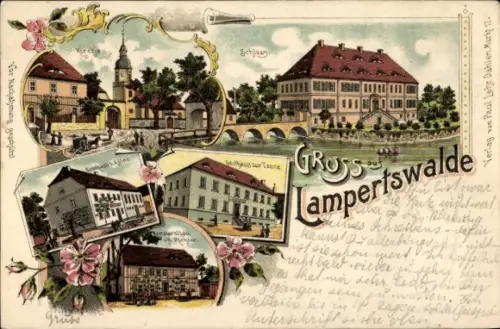 Litho Lampertswalde Cavertitz, Kirche, Schloss, Gasthaus zur Tanne, Zum Adler, Restauration Richter