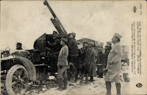Ak Luftkrieg 1. WK, französisches Geschütz welches den Zeppelin am 21. Februar 1916 zerstörte