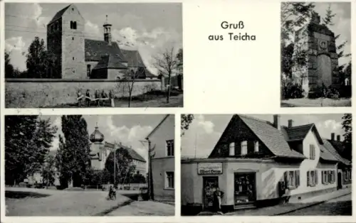 Ak Teicha Petersberg Saalekreis, Kirche, Ehrenmal, Geschäftshaus