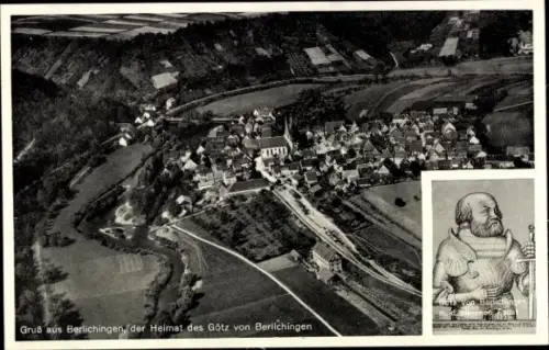 Ak Berlichingen Schöntal in Württemberg, Luftaufnahme von  Ortsschild, Götz von Berlichingen