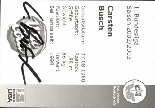 Autogrammkarte Fußballer Carsten Busch, FC Hansa Rostock, Autogramm