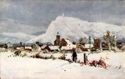 Ak Glückwunsch Neujahr, Winterlandschaft mit Ortschaft und Bergen