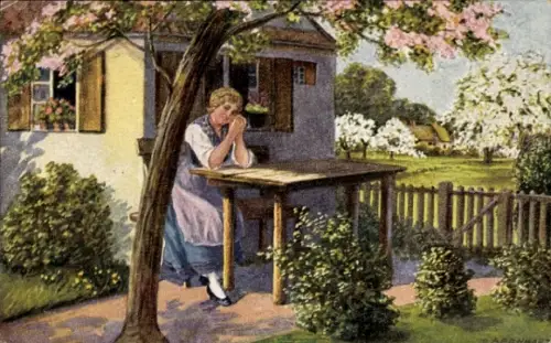 Künstler Ak Bernhart, P., Blütenzauber, Frau am Tisch, Blühender Baum