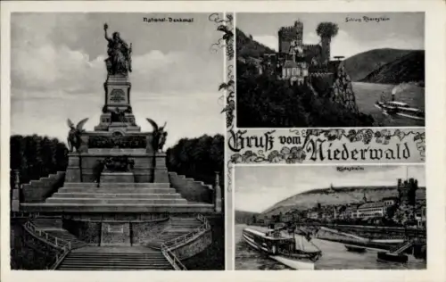 Ak Rüdesheim am Rhein, Niederwald Nationaldenkmal, National-Denkmal, Schloß Rheinstein, Gruß vom 