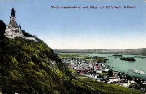 Ak Rüdesheim am Rhein, Niederwalddenkmal, Blick auf Rüdesheim, Rhein, Landschaft