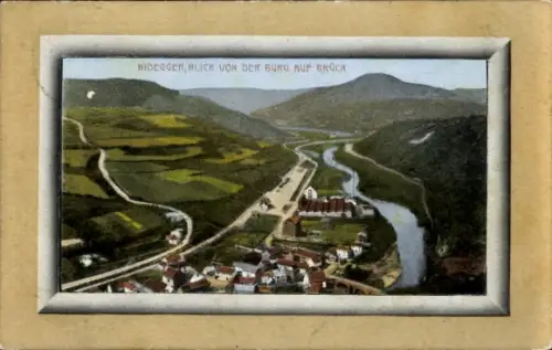 Ak Brück Nideggen in der Eifel,  Blick von der Burg auf Brück, Landschaft, Fluss, Hügel