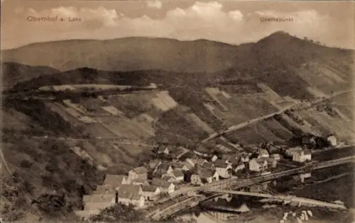 Ak Obernhof an der Lahn,  Goethepunkt, Landschaft mit Hügeln und Häusern