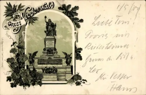 Litho Niederwald Rüdesheim Rhein,Blick auf ein Denkmal