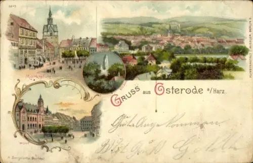 Litho Osterode am Harz, Gesamtansicht, Marktplatz, Post