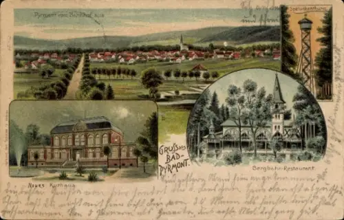Litho Bad Pyrmont in Niedersachsen, Gesamtansicht, Kurhaus, Bergbahn-Restaurant, Spelunkenturm