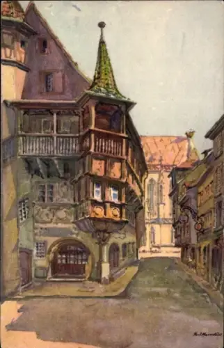 Künstler Ak Colmar Kolmar Elsass Haut Rhin, Fachwerkhäuser, Straße