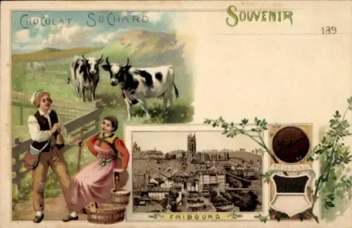 Litho Fribourg Freiburg Stadt Schweiz, Chocolat Suchard, Trachten, Wappen