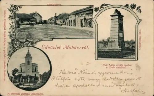 Ak Mohács Mohatsch Ungarn, Straßenpartie, Denkmal, Kirche