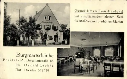 Ak Freital in Sachsen, Burgwartschänke, Inh. Oswald Loschke, Außenansicht und Saal