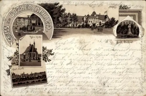 Vorläufer Litho Cöthen Köthen in Anhalt, Bach-Denkmal, Ref. Kirche, Schloss, Gesamtansicht vom Ort