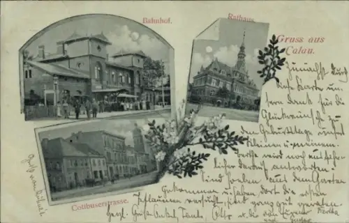 Mondschein Ak Calau in der Niederlausitz, Bahnhof, Rathaus, Cottbuserstraße