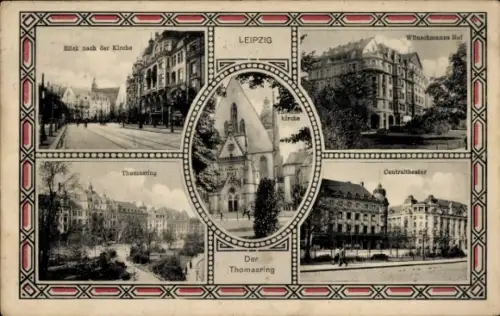 Passepartout Ak Leipzig, Kirche, Thomasring, Zentraltheater
