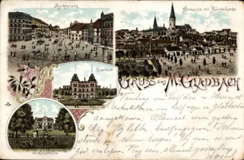 Litho Mönchengladbach am Niederrhein, Marktplatz, Münsterkirche, Kaiserbad