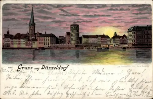 Litho Düsseldorf am Rhein, Gesamtansicht, Sonnenaufgang