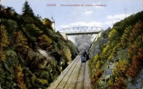 Ak Görlitz in der Lausitz, Felsen-Durchblick der Zittauer Eisenbahn