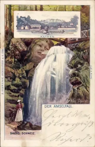 Künstler Ak Schmidt, W., Rathen an der Elbe Sächsische Schweiz, Amselfall, Berggesichter